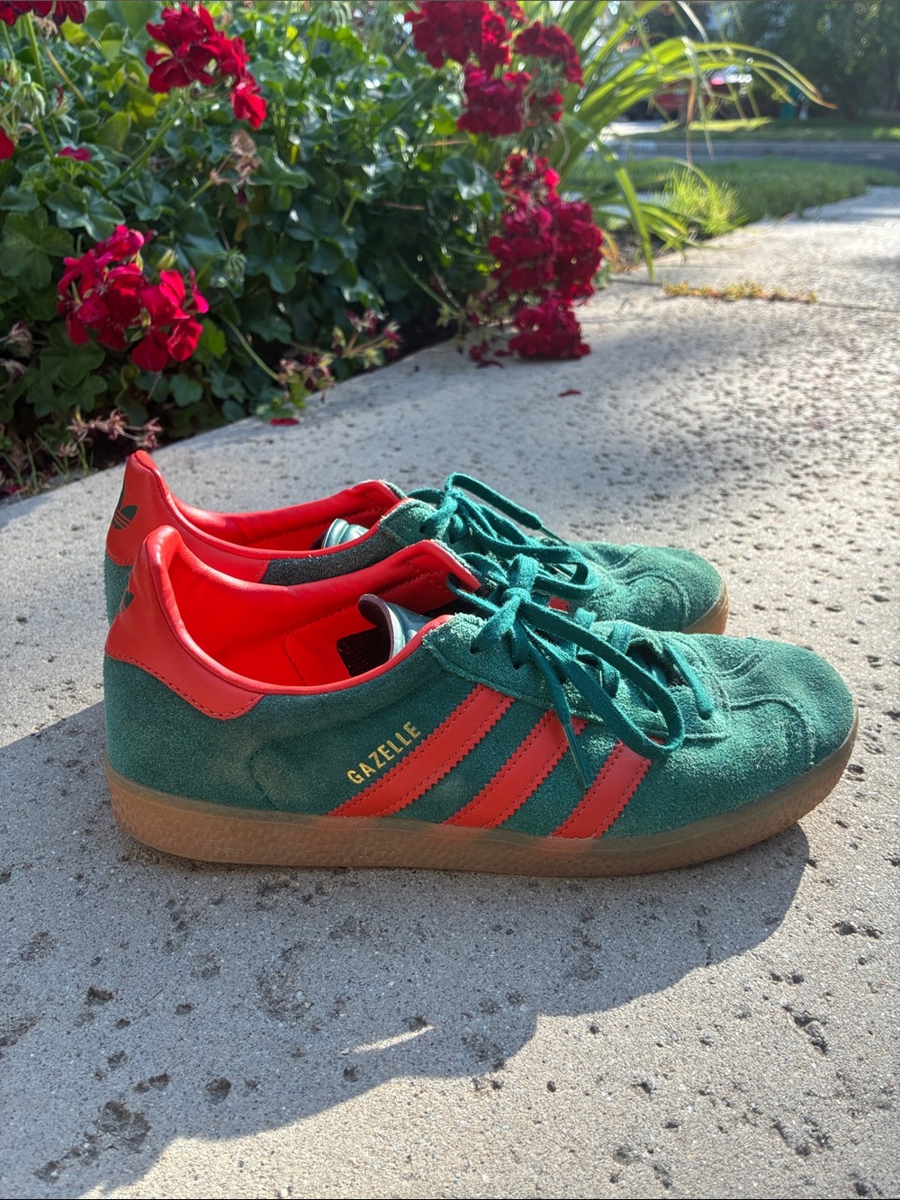adidas Gazelle Green Suede Sneakers with Red Accents